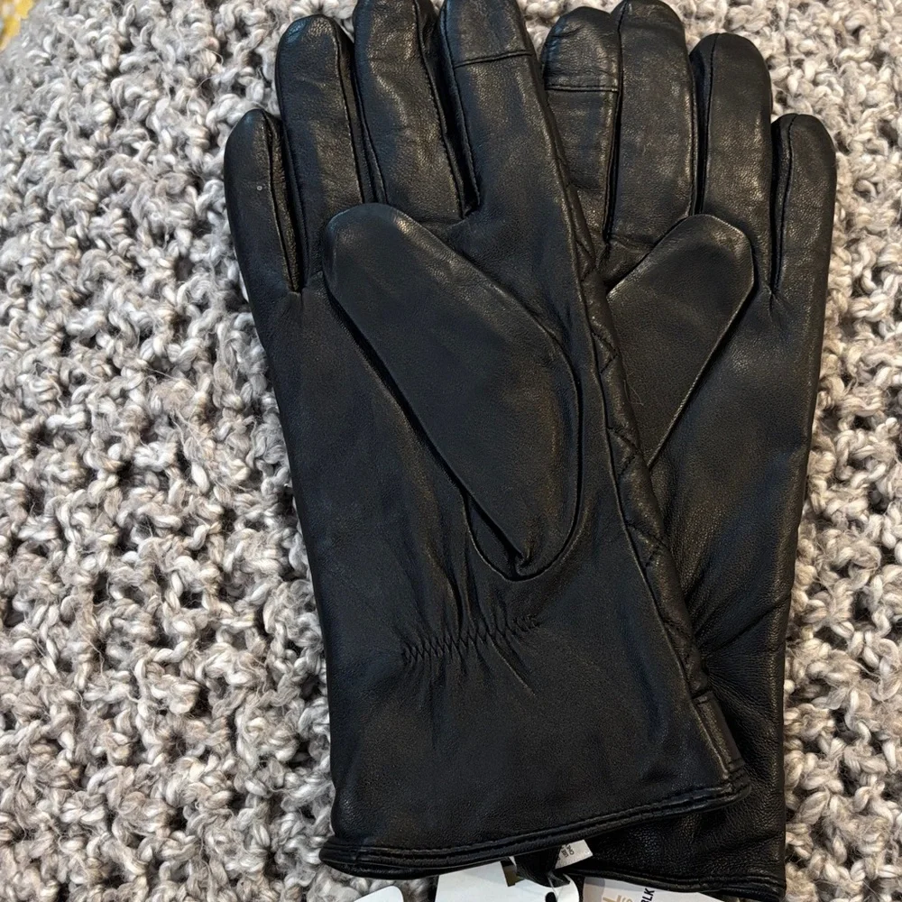 Michael Kors Black Quilted Leather Gloves with Gold Logo Accent